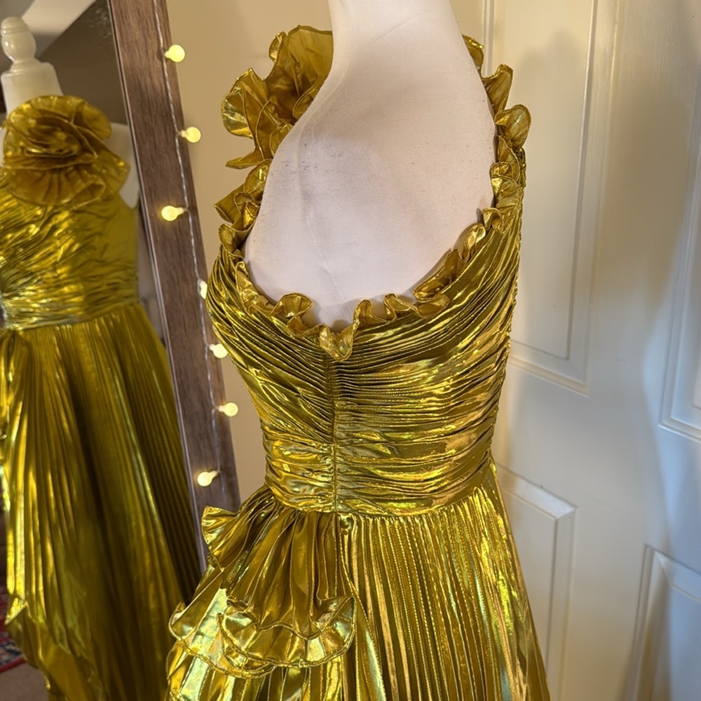 MAC DUGGAL Gold One Shoulder Pleated Ruffle Gown with Slit - Picture 10 of 17
